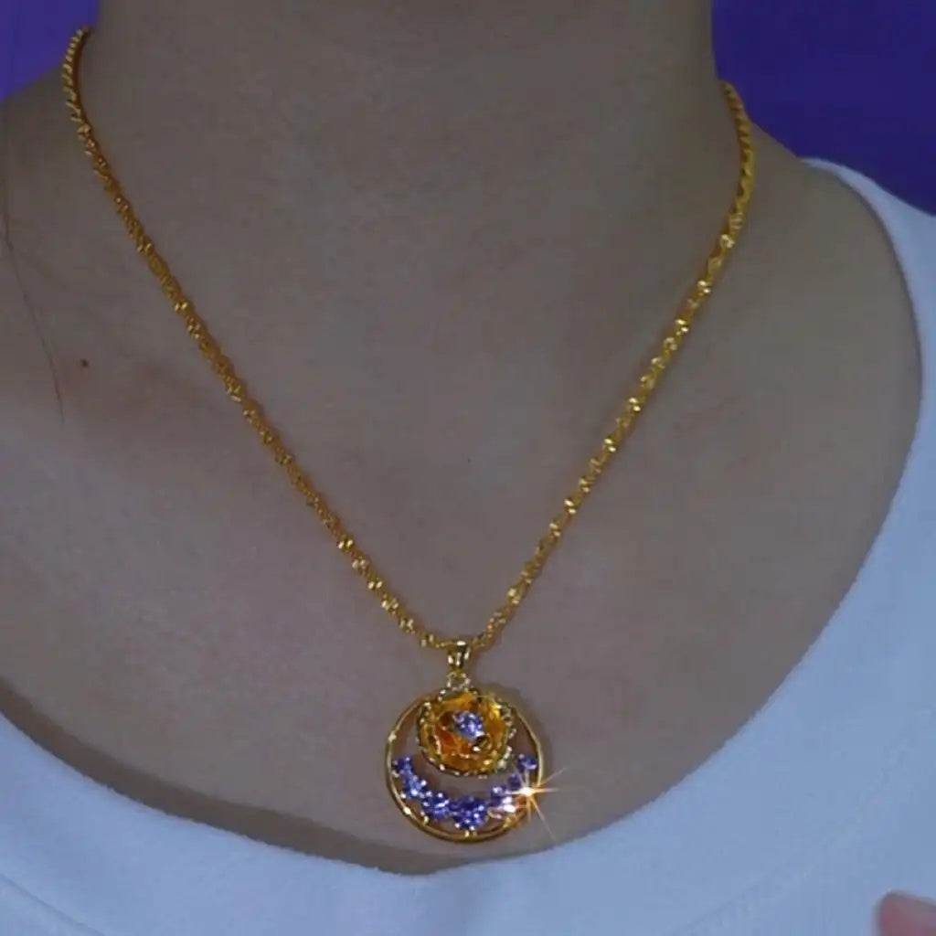 Blue Crystal Rose Pendant Necklace
