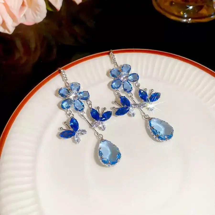 Blue Crystal Teardrop Tassel Drop Earrings