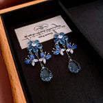 Blue Crystal Teardrop Tassel Drop Earrings