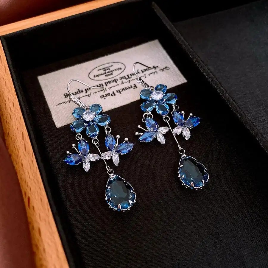 Blue Crystal Teardrop Tassel Drop Earrings
