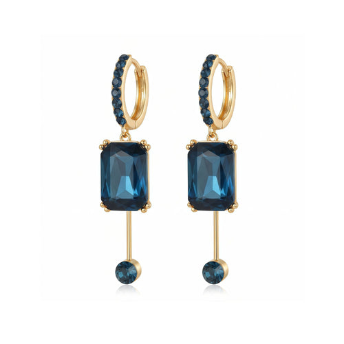 Blue Emerald Cut Drop Hoop Earrings
