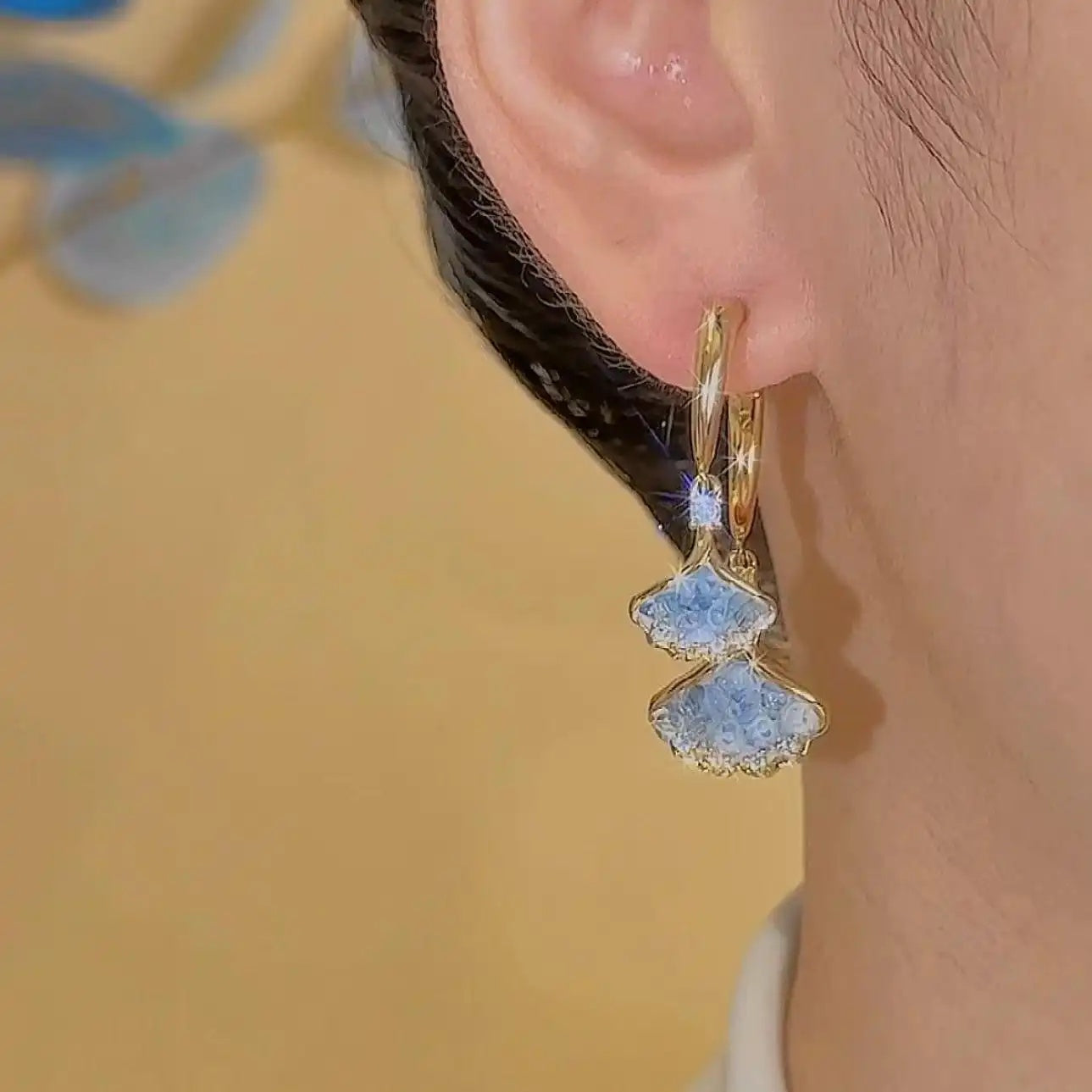 Blue Ginkgo Leaf Crystal Stud Earrings