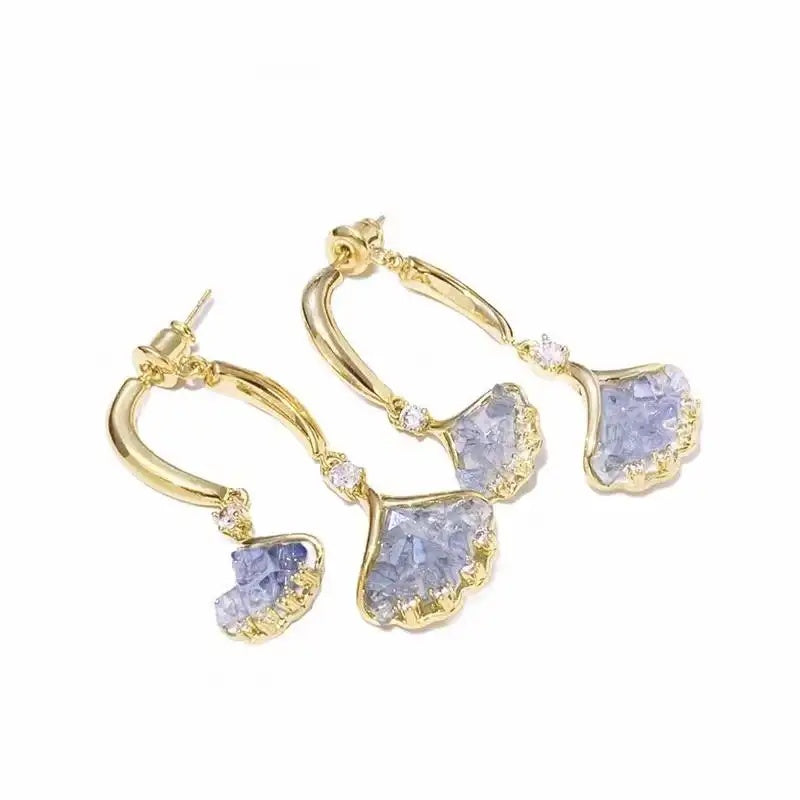 Blue Ginkgo Leaf Crystal Stud Earrings