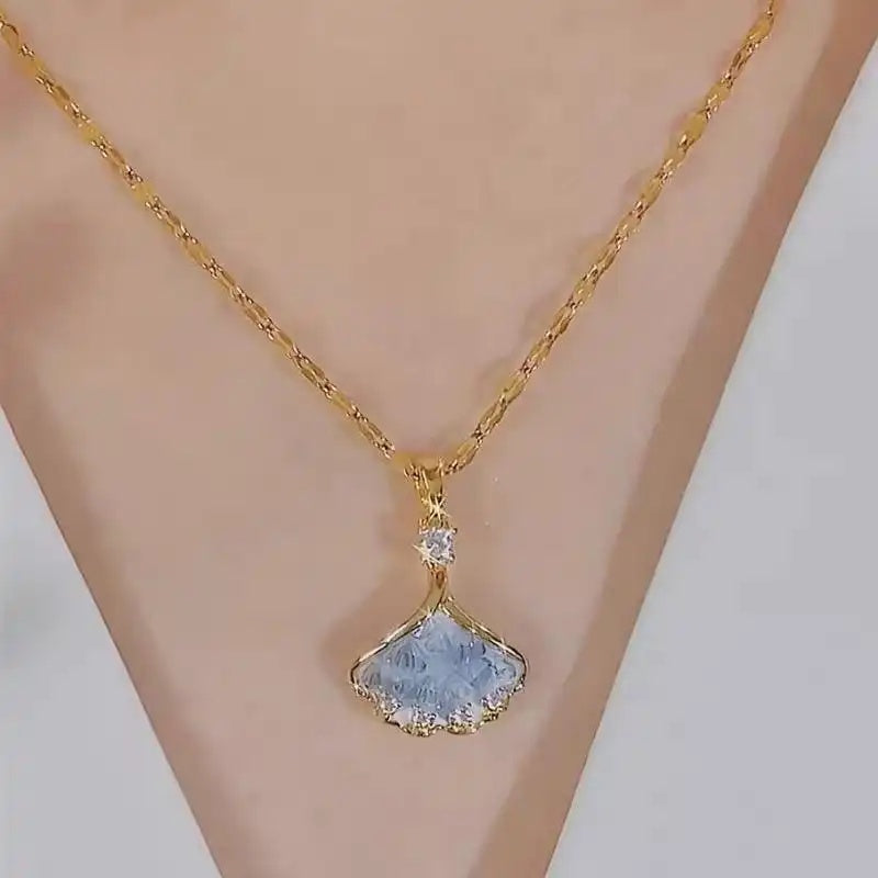 Blue Ginkgo Leaf Pendant Necklace