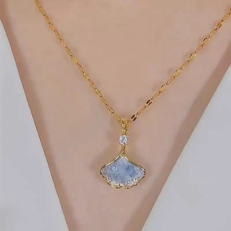Blue Ginkgo Leaf Pendant Necklace