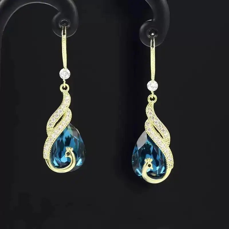Blue Peacock Phoenix Dance Crystal Earrings