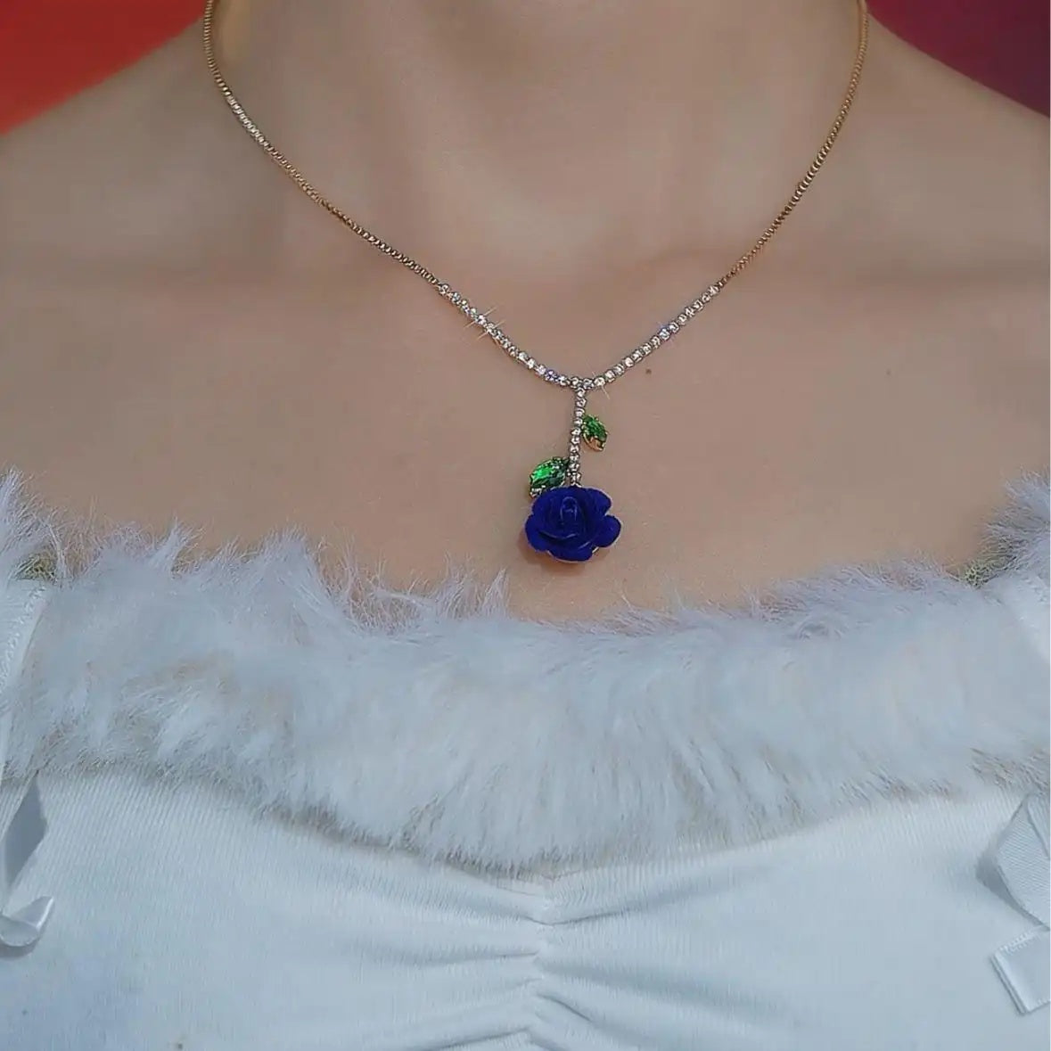 Blue Retro Rose Flower Necklace