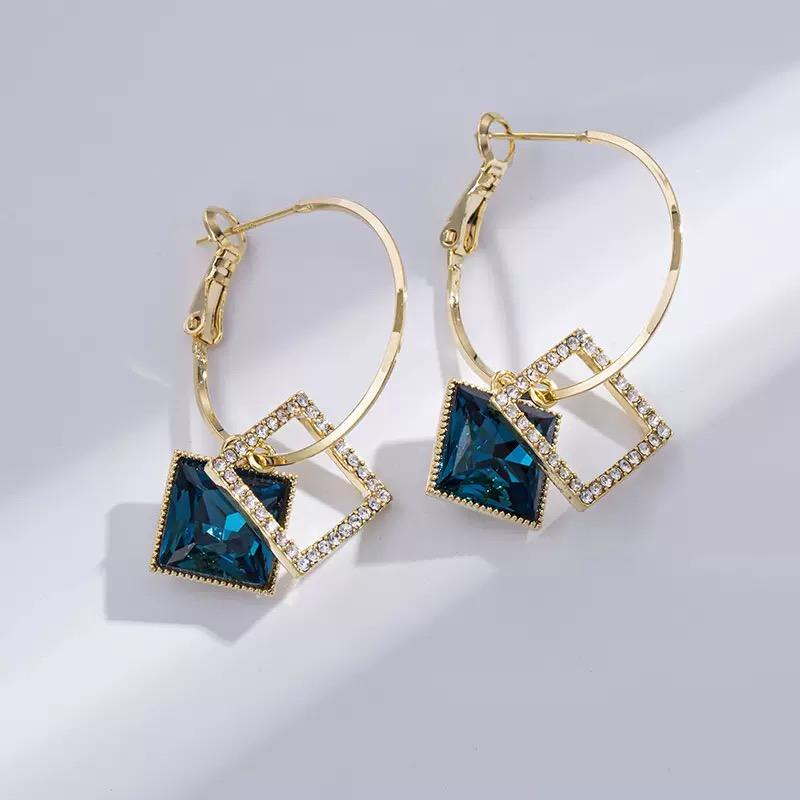 Blue Square Hoop Earrings
