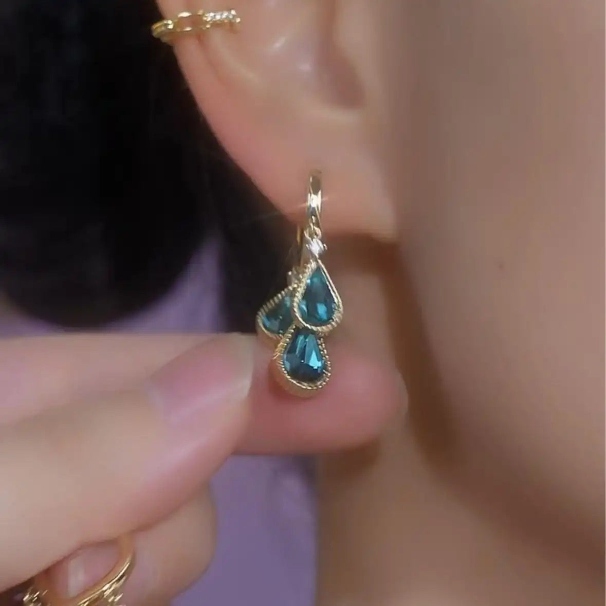 Blue Triple Teardrop Drop Earrings