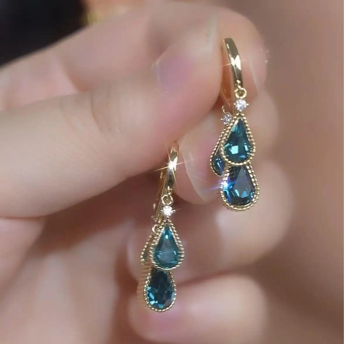 Blue Triple Teardrop Drop Earrings