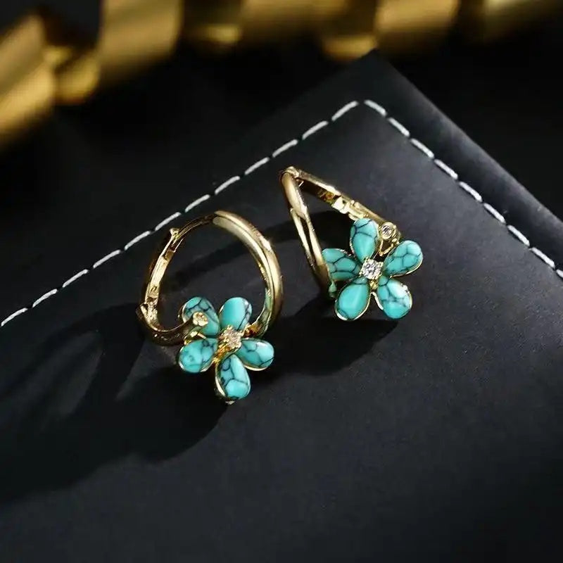 Blue Turquoise Flower Clip-On Earrings