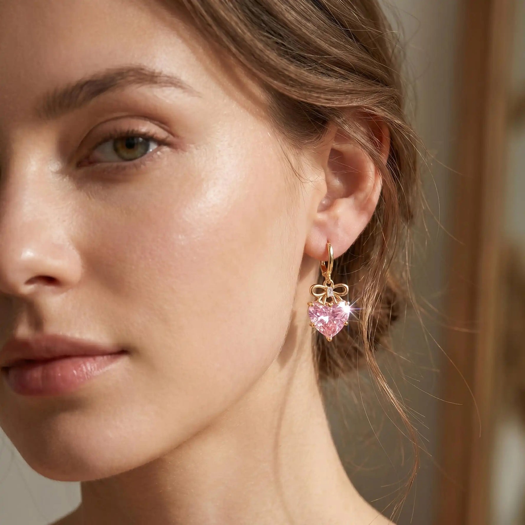 Bowknot Crystal Heart Clip-On Drop Earrings