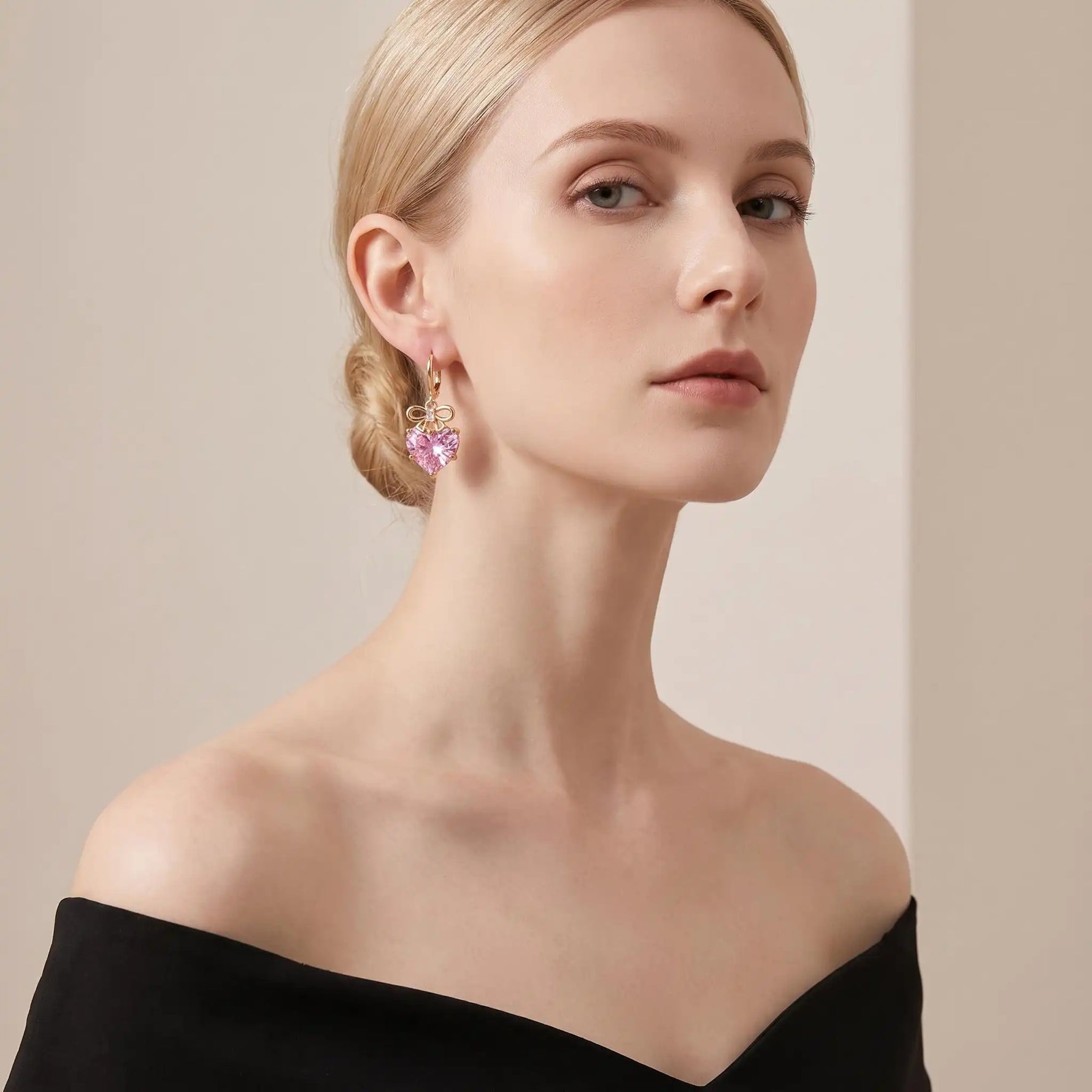 Bowknot Crystal Heart Clip-On Drop Earrings