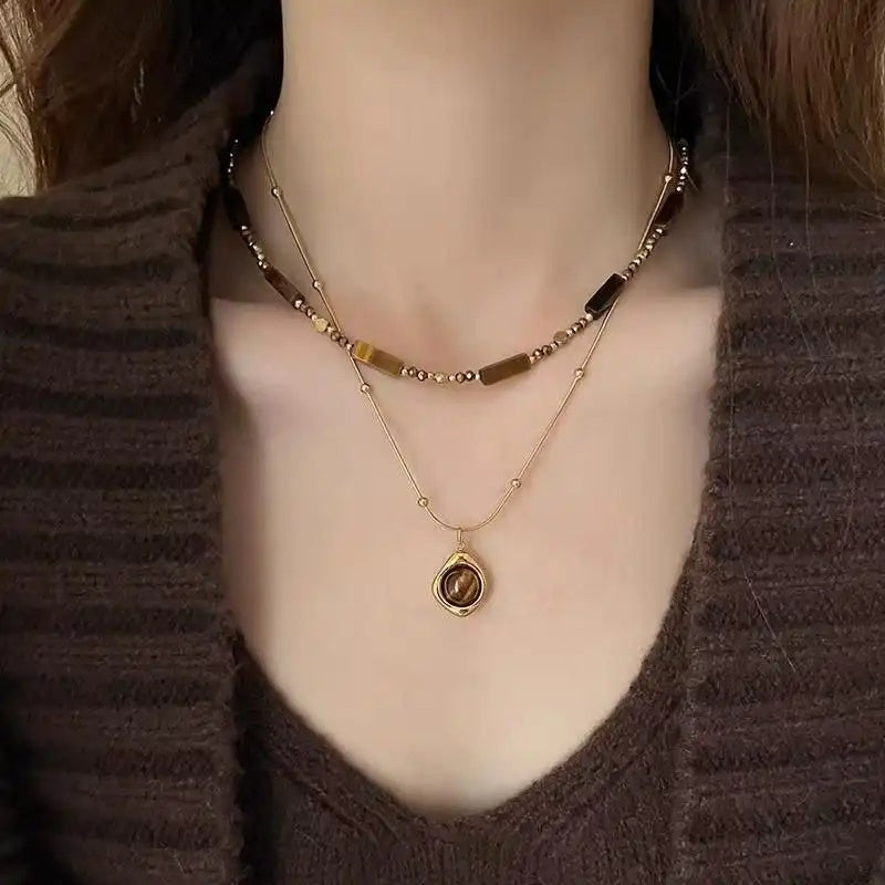 Brown Beaded Round Pendant Necklace