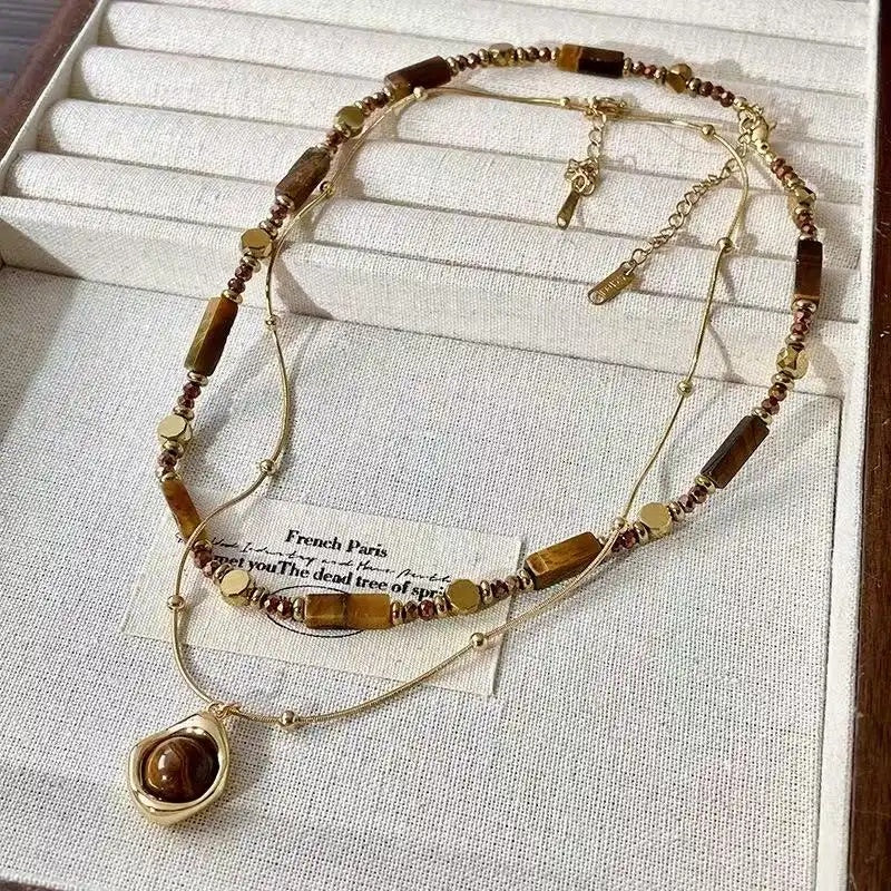 Brown Beaded Round Pendant Necklace