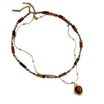Brown Beaded Round Pendant Necklace