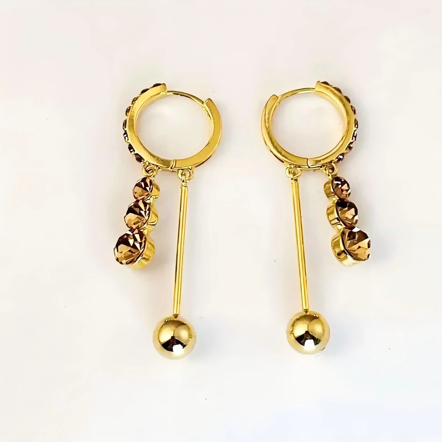 Brown Crystal Bar and Ball Hoop Earrings