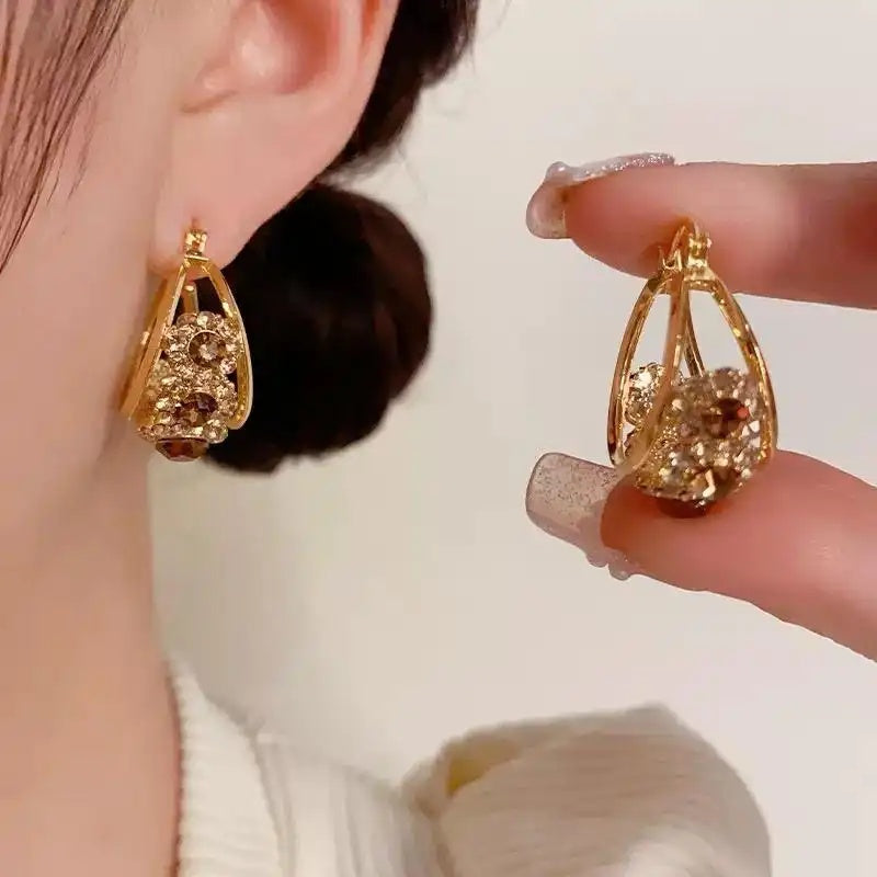Brown Crystal Basket Hoop Earrings