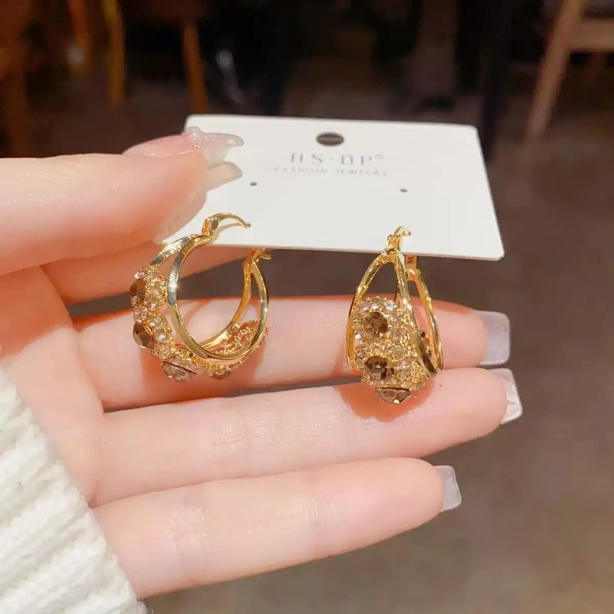 Brown Crystal Basket Hoop Earrings
