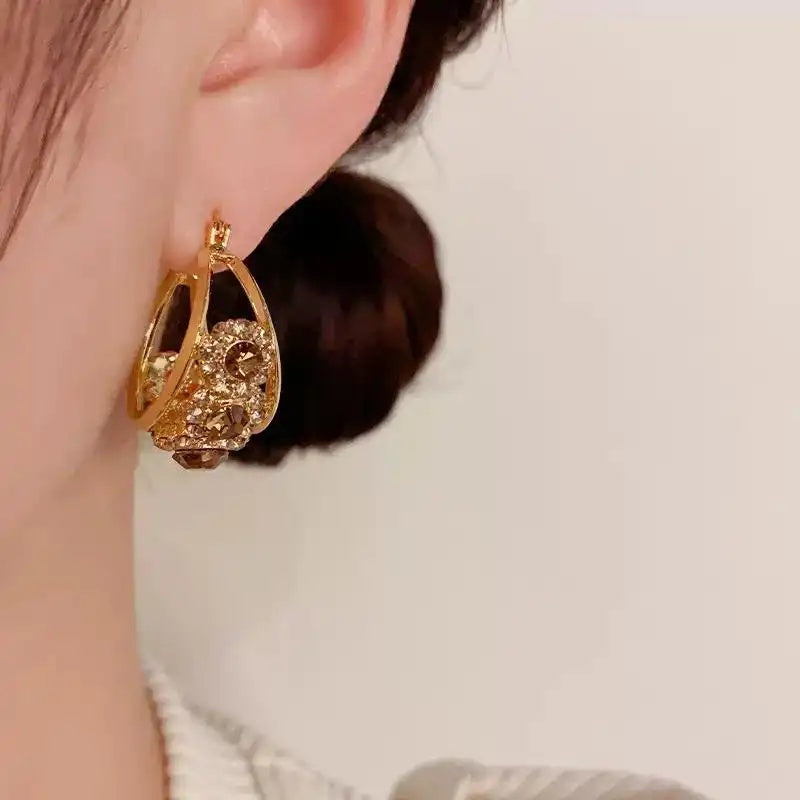 Brown Crystal Basket Hoop Earrings