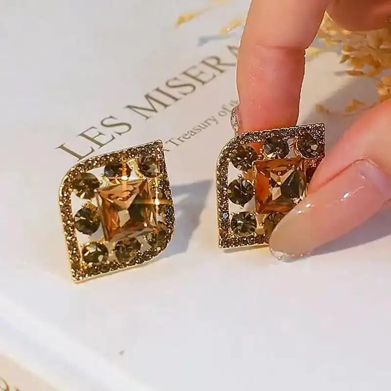 Brown Crystal Geometric Stud Earrings
