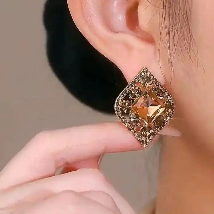Brown Crystal Geometric Stud Earrings