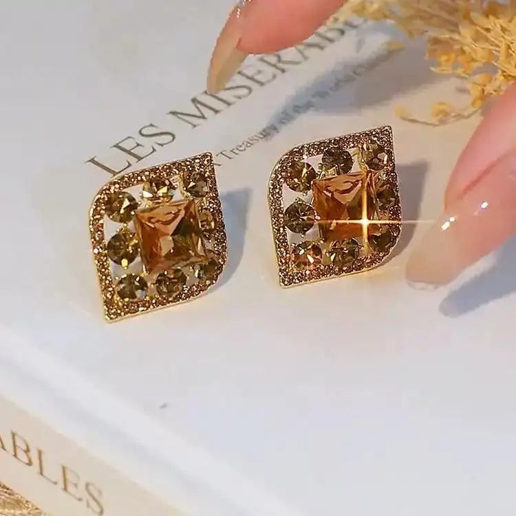 Brown Crystal Geometric Stud Earrings