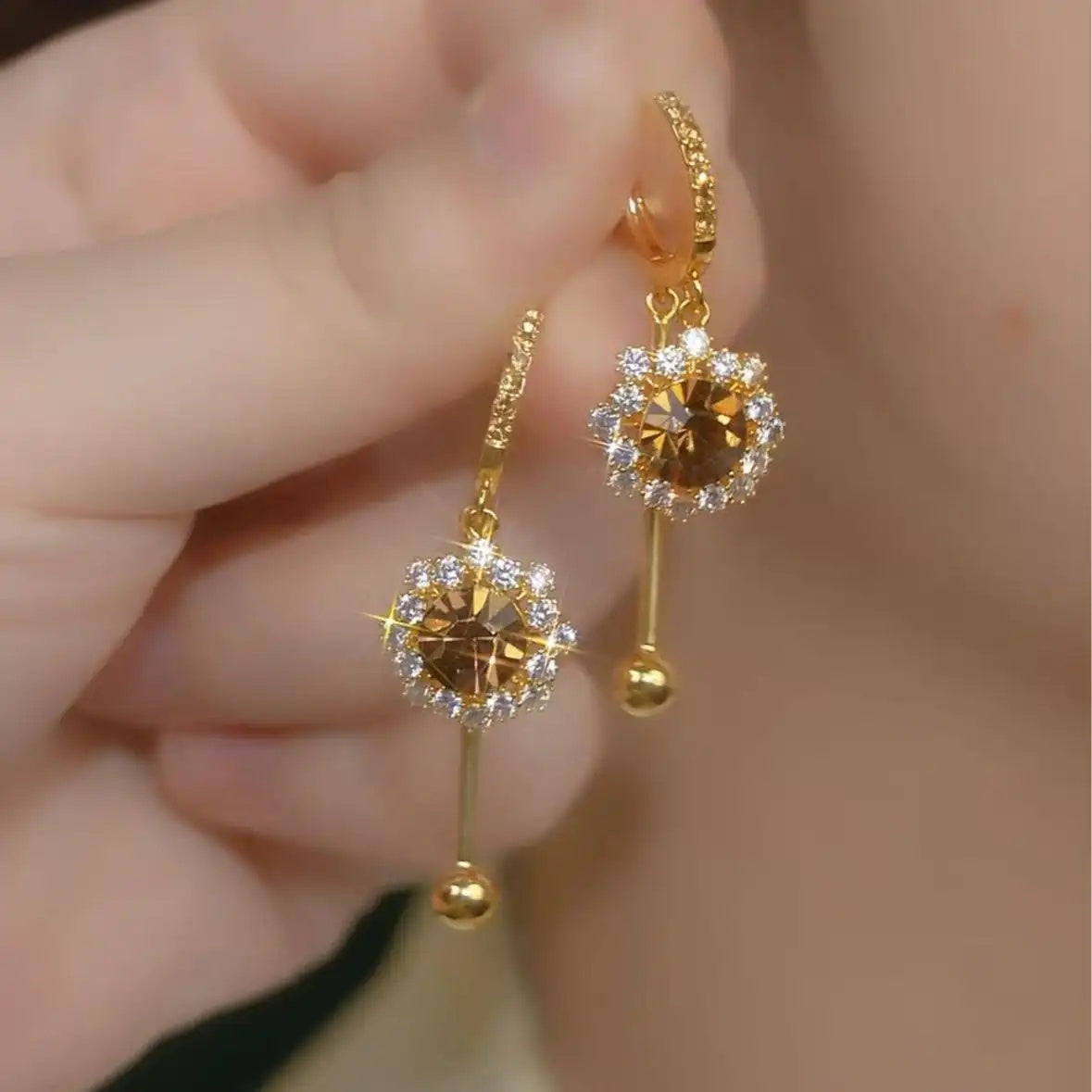 Brown Crystal Sunflower Tassel Drop Earrings