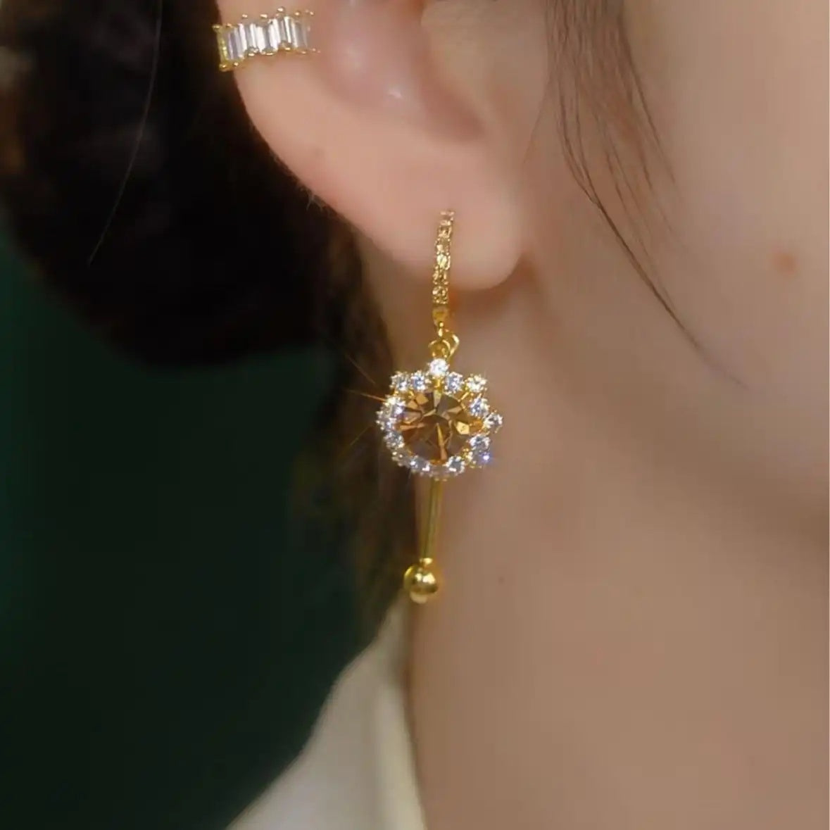 Brown Crystal Sunflower Tassel Drop Earrings