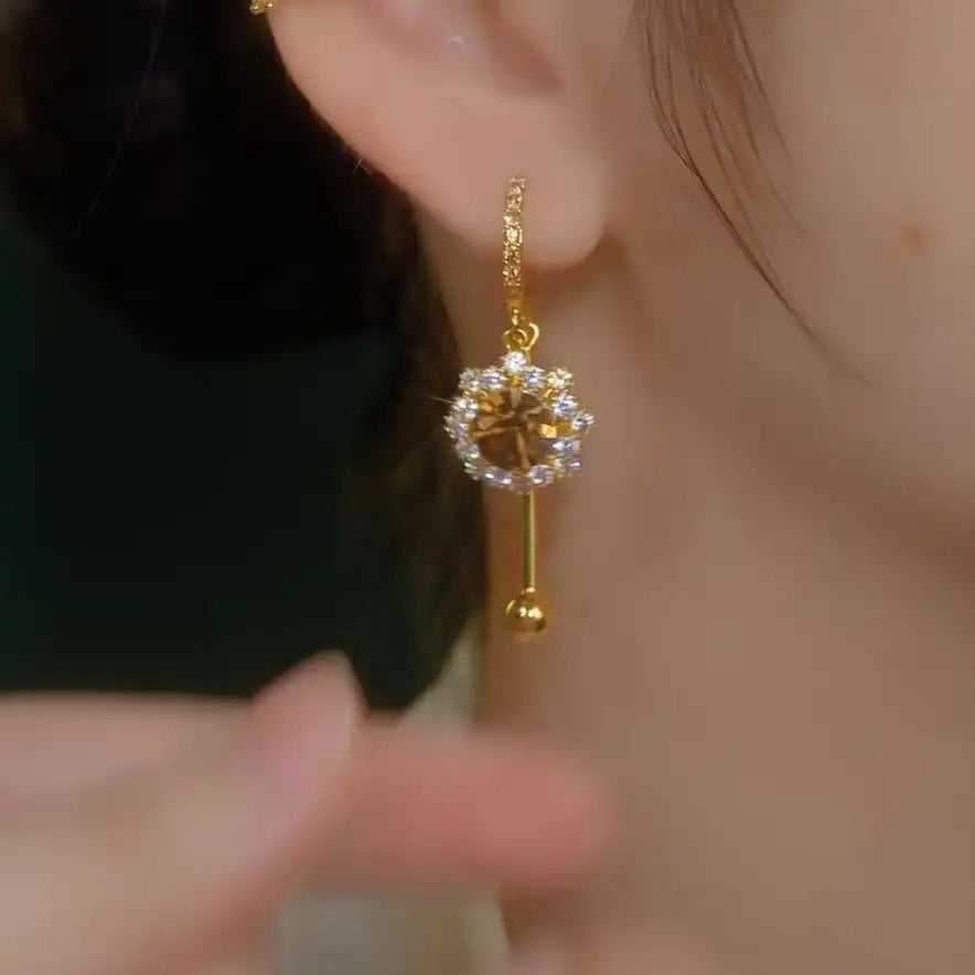 Brown Crystal Sunflower Tassel Drop Earrings