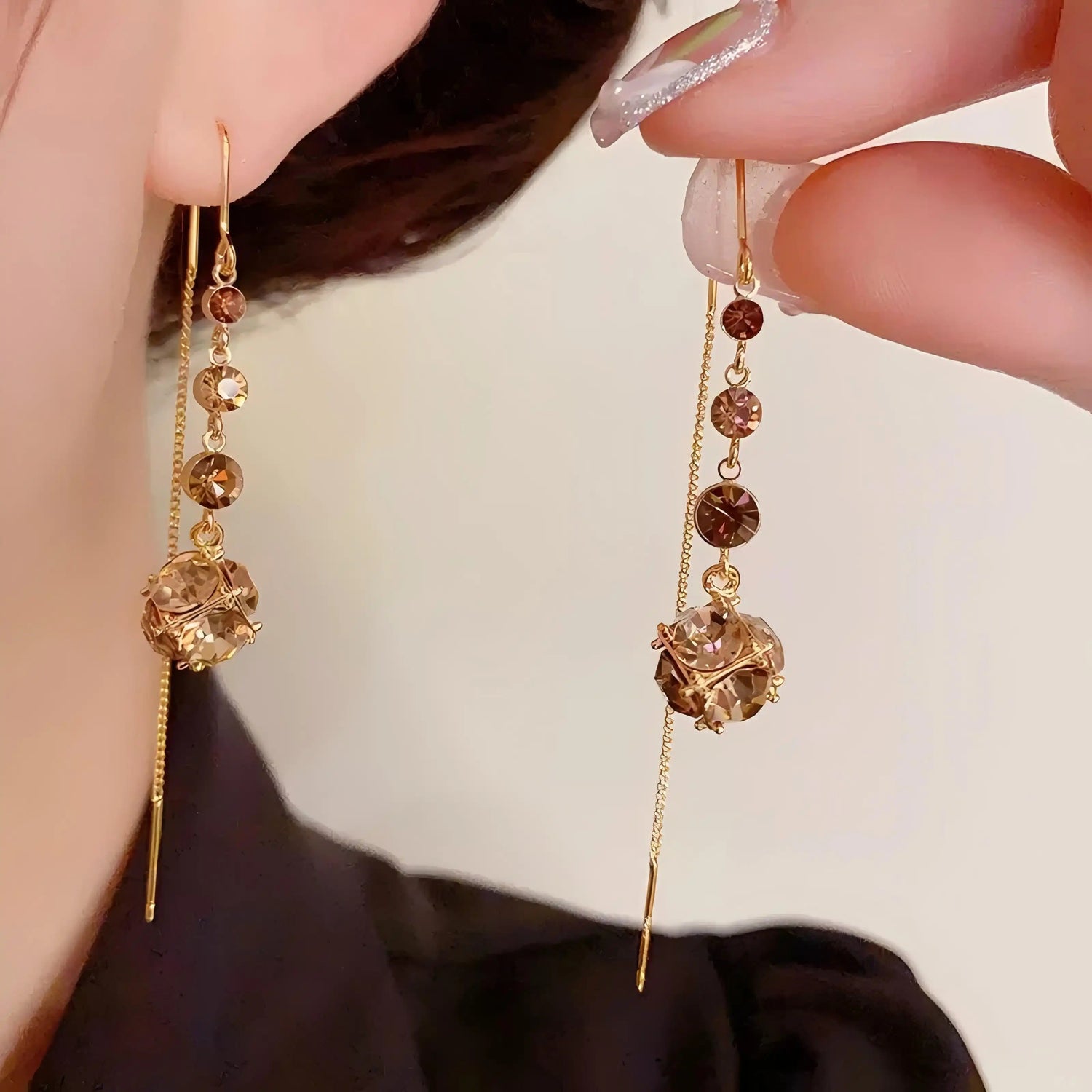 Brown Crystal Tassel Long Chain Drop Earrings