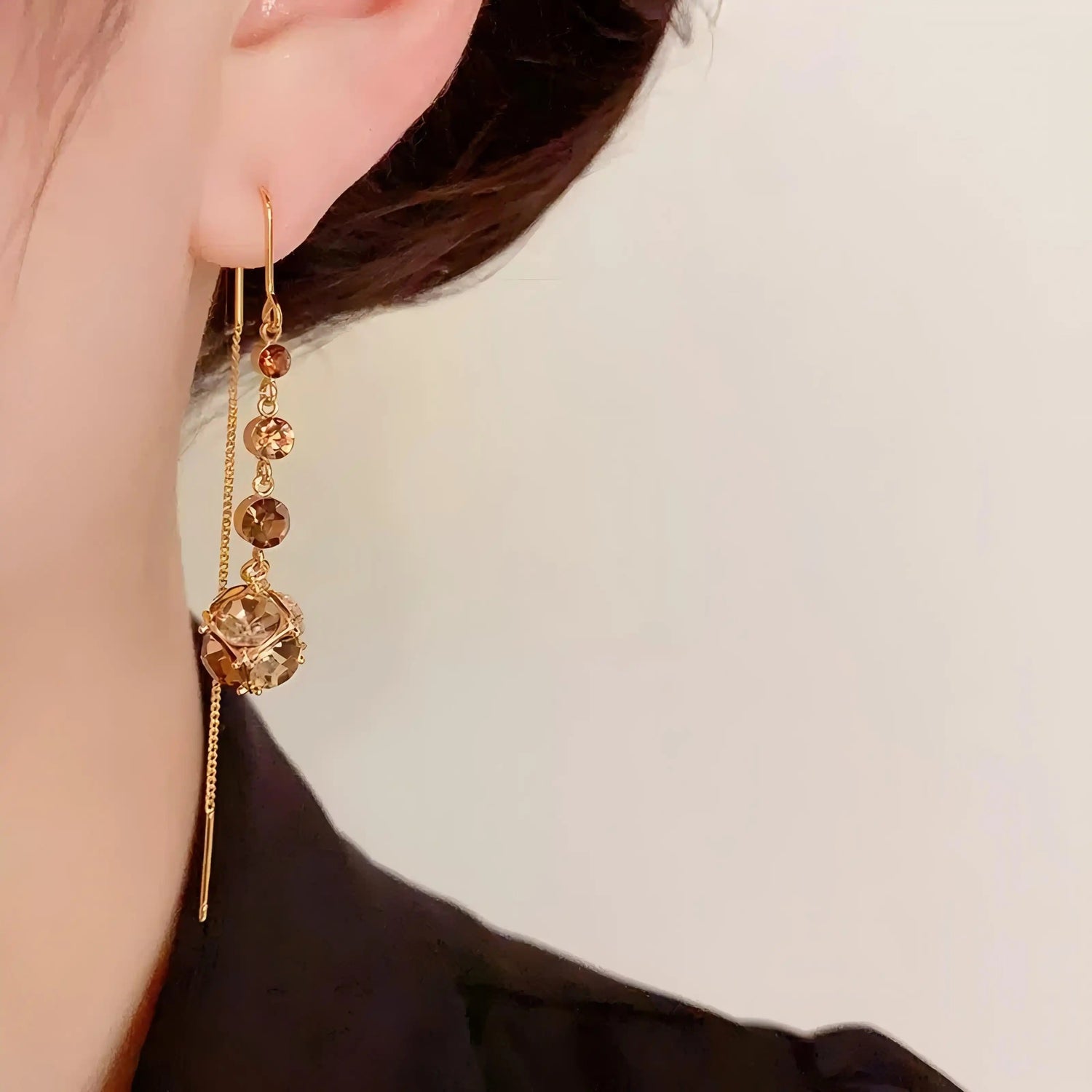 Brown Crystal Tassel Long Chain Drop Earrings