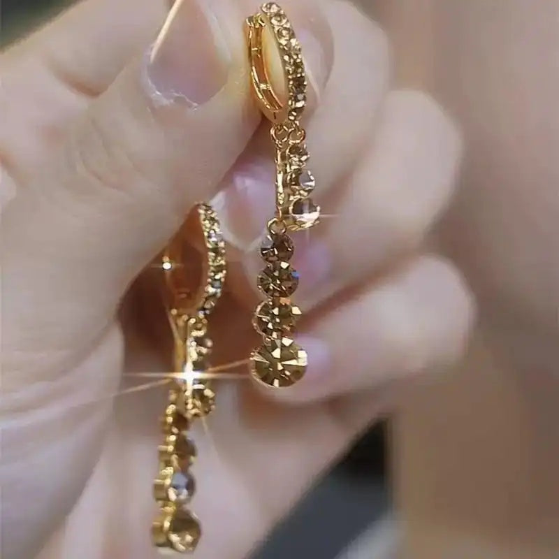 Brown Crystal Tassel Long Drop Earrings