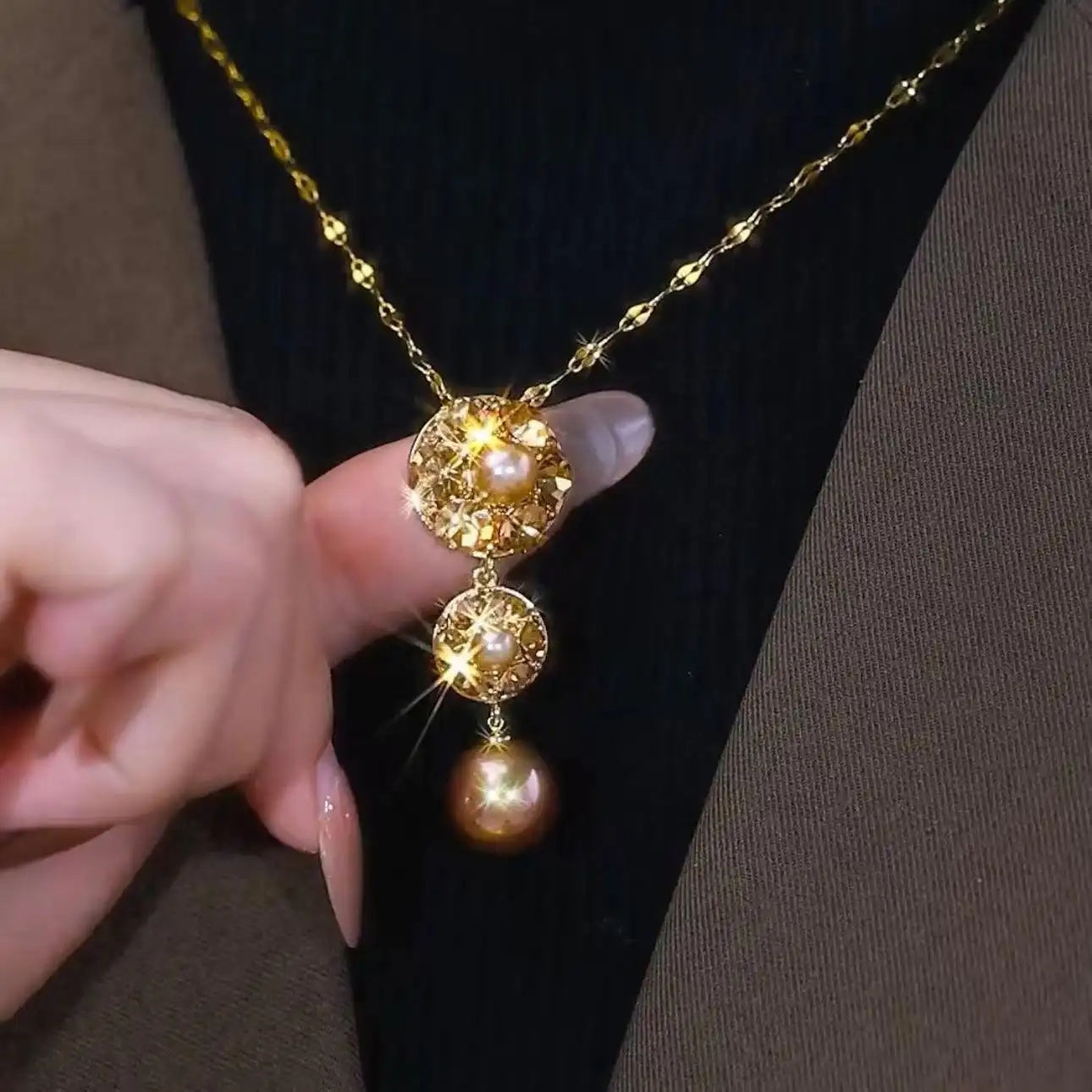 Brown Crystal Tassel Sweater Chain Necklace