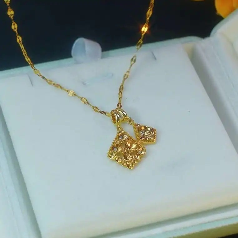 Brown Double Layer Crystal Rhombus Necklace
