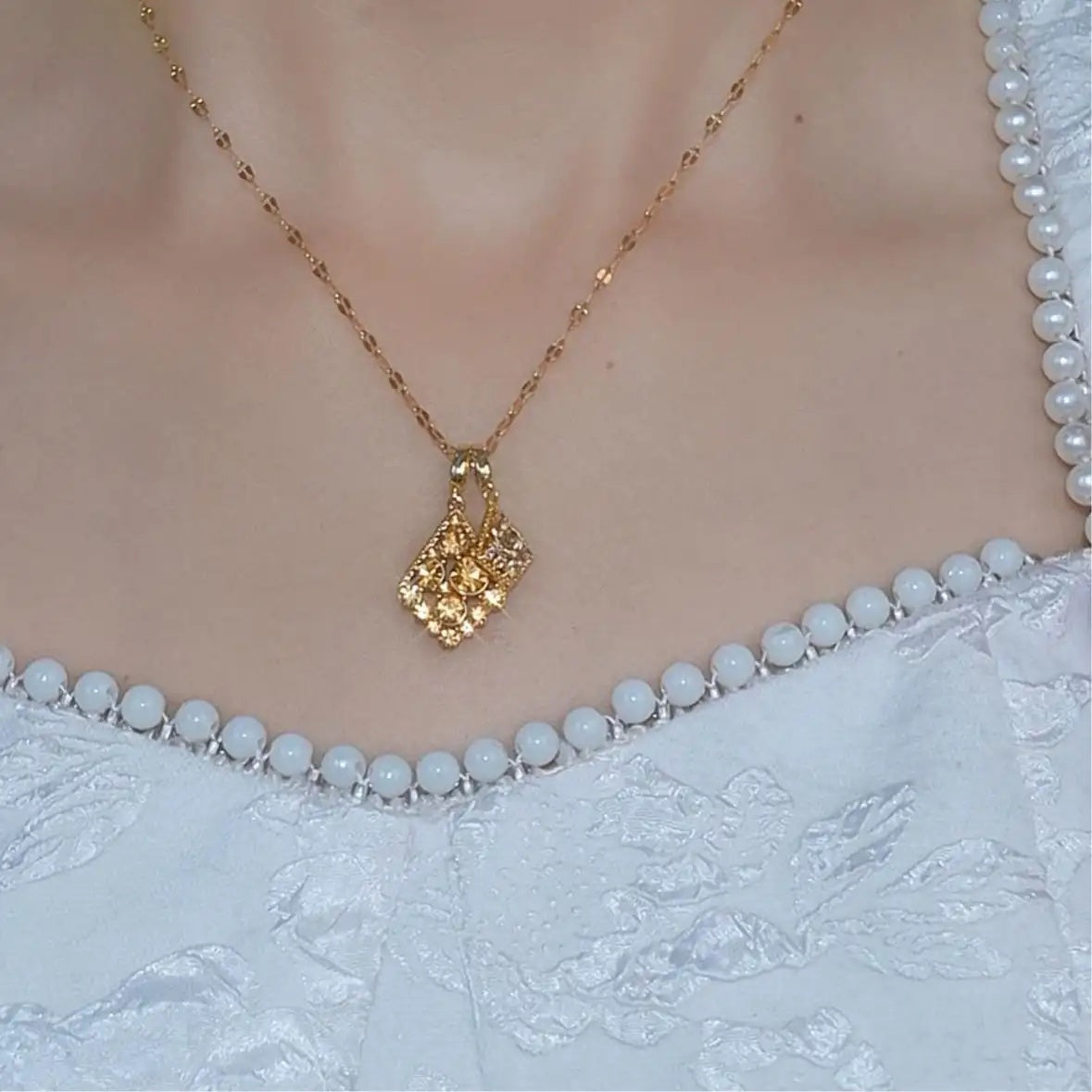 Brown Double Layer Crystal Rhombus Necklace