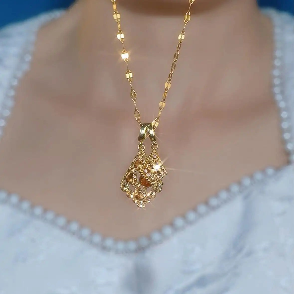 Brown Double Layer Crystal Rhombus Necklace