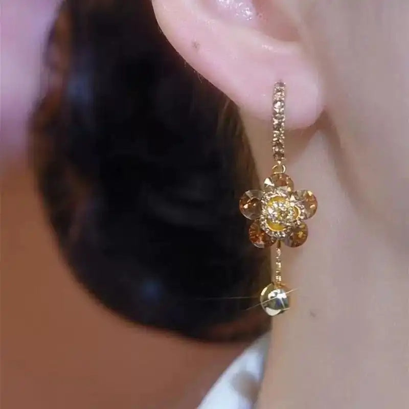 Brown Flower Crystal Hoop Earrings