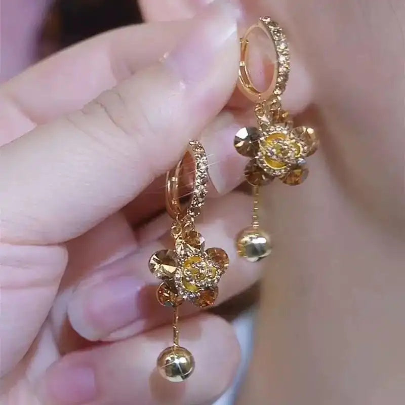 Brown Flower Crystal Hoop Earrings