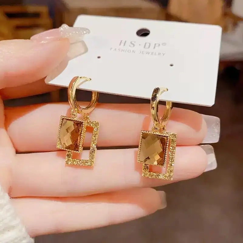 Brown Geometric Crystal Hoop Earrings