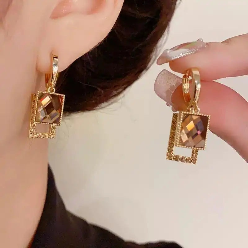 Brown Geometric Crystal Hoop Earrings