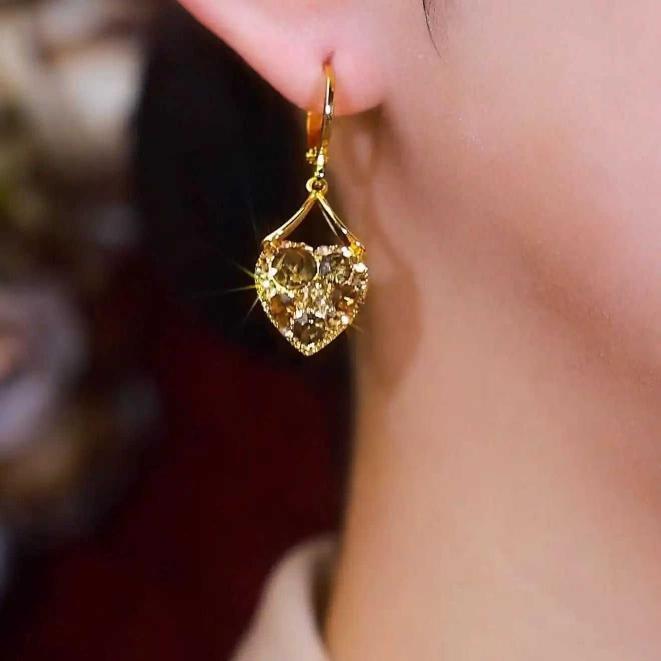 Brown Heart Crystal Hoop Earrings