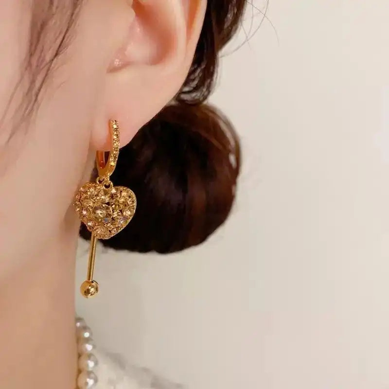 Brown Heart Tassel Crystal Long Drop Earrings