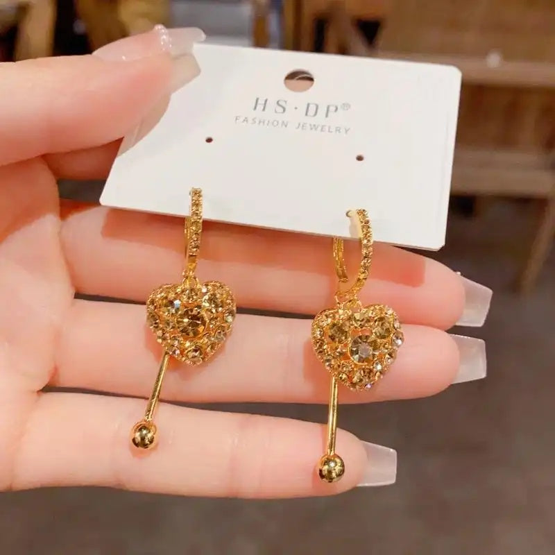 Brown Heart Tassel Crystal Long Drop Earrings