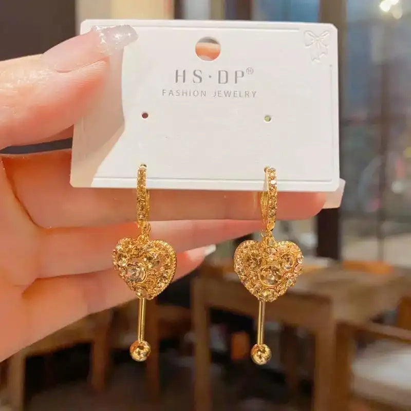 Brown Heart Tassel Crystal Long Drop Earrings
