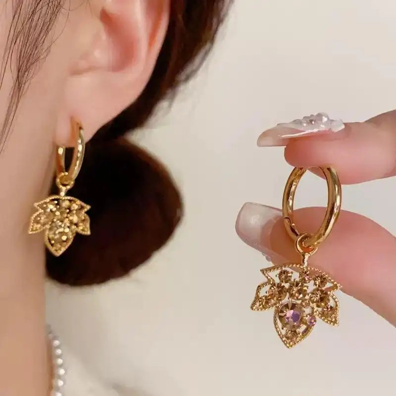 Brown Maple Leaf Crystal Hoop Earrings