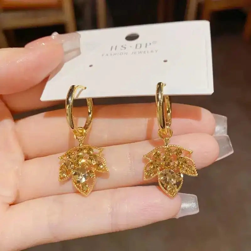 Brown Maple Leaf Crystal Hoop Earrings