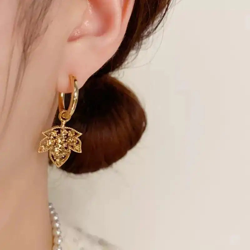 Brown Maple Leaf Crystal Hoop Earrings