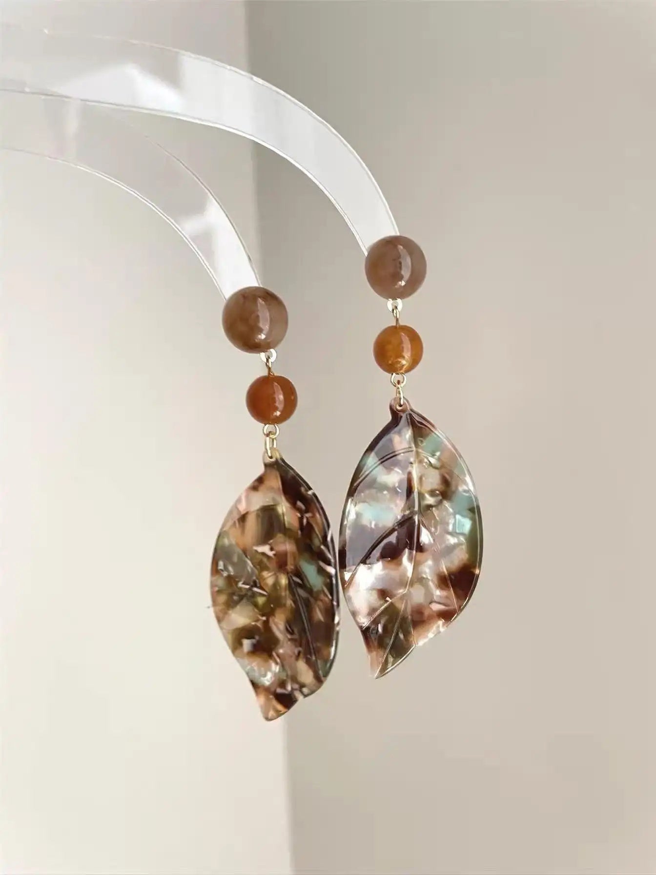 Brown Marbled Leaf Drop Earrings