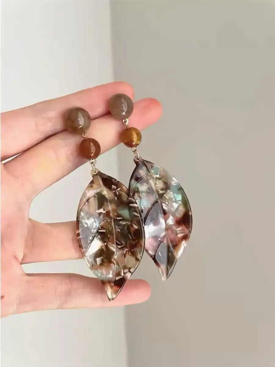 Brown Marbled Leaf Drop Earrings
